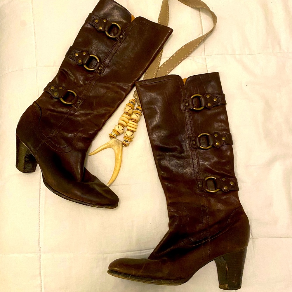 Frye Brown Leather Buckle Boots